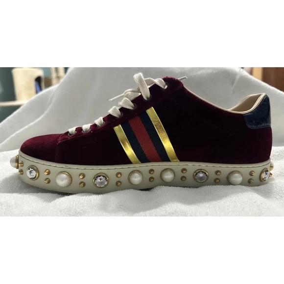 $1180 LkNEW GUCCI Burgundy Velvet New Ace Faux-Pearl Platform Sneakers RARE 37.5 - Picture 13 of 14